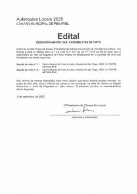 EDITAL DE DESDOBRAMENTOS - ELEI&Ccedil;&Atilde;O PARA A ASSEMBLEIA DA REP&Uacute;BLICA - 18-05-2025